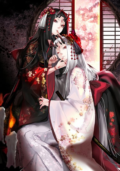 Anime picture 774x1100 with original kabi (kb) long hair tall image looking at viewer black hair red eyes sitting multiple girls traditional clothes japanese clothes horn (horns) floral print oni horns albino girl dress hair ornament weapon 2 girls