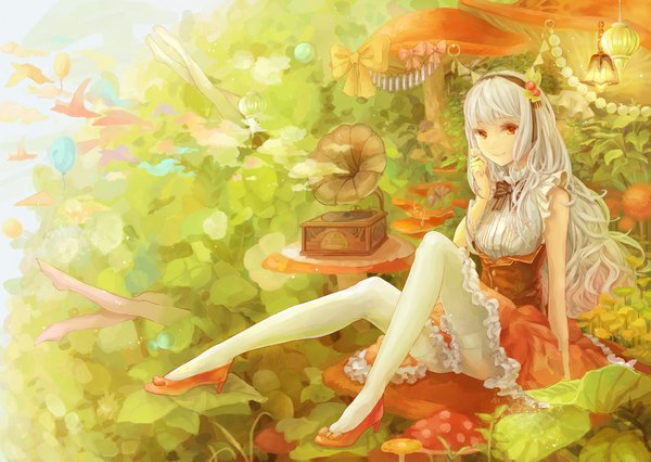 Anime picture 1098x781 with original piyotama single long hair smile red eyes bent knee (knees) white hair light wavy hair girl thighhighs dress hair ornament plant (plants) white thighhighs leaf (leaves) bubble (bubbles) red dress lace