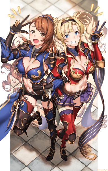 Anime picture 1315x2062 with granblue fantasy zeta (granblue fantasy) beatrix (granblue fantasy) futami (mg42fw190d) long hair tall image looking at viewer blush fringe breasts open mouth blue eyes light erotic blonde hair smile brown hair large breasts standing twintails multiple girls