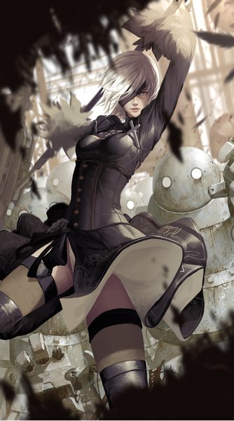 Anime picture 1920x3441 with nier nier:automata yorha no. 2 type b dishwasher1910 single tall image looking at viewer fringe highres short hair breasts blue eyes light erotic standing looking away outdoors white hair lips mole arms up