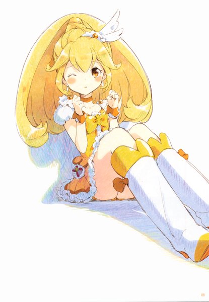 Anime picture 2797x4040 with precure smile precure! kise yayoi tiv single tall image looking at viewer blush highres light erotic simple background blonde hair white background ass scan shadow orange eyes girl