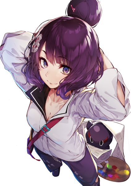 Anime picture 1240x1754 with fate (series) fate/grand order katsushika hokusai (fate/grand order) tokitarou (fate/grand order) akieda single tall image looking at viewer blush fringe short hair breasts simple background smile hair between eyes standing white background purple eyes cleavage purple hair