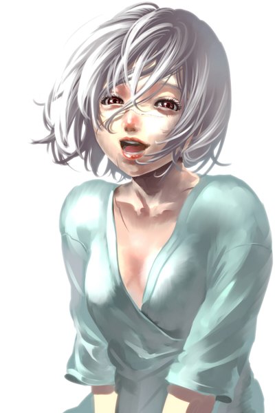 Anime picture 1000x1500 with original suwa single tall image short hair open mouth simple background smile red eyes white background white hair girl
