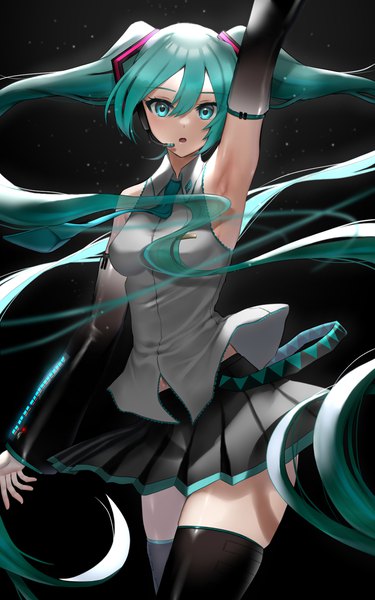 Anime picture 1000x1600 with vocaloid hatsune miku faton single tall image looking at viewer blush fringe open mouth simple background hair between eyes standing twintails bare shoulders payot very long hair pleated skirt arm up aqua eyes wind