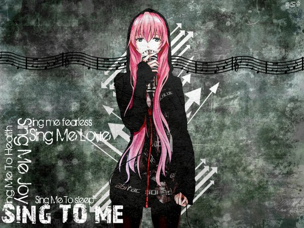 Anime picture 1280x960 with vocaloid megurine luka mille (dieci) single long hair blue eyes pink hair inscription third-party edit girl hood microphone directional arrow