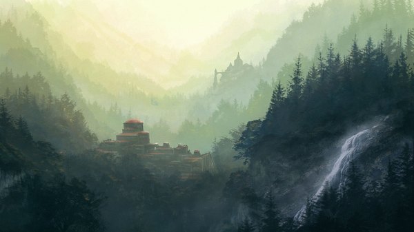 Anime picture 1280x720 with original i netgrafx (artist) wide image mountain landscape panorama tree (trees) forest castle