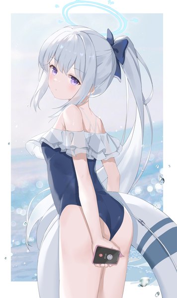 Anime picture 1187x2000 with blue archive sensei (blue archive) doodle sensei (blue archive) miyako (blue archive) miyako (swimsuit) (blue archive) serika single long hair tall image looking at viewer light erotic standing purple eyes payot silver hair ass ponytail looking back official alternate costume border