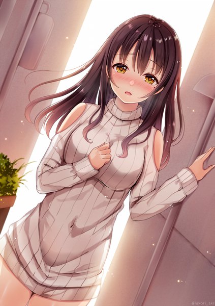 Anime picture 773x1096 with original sakura hiyori single long hair tall image looking at viewer blush fringe breasts open mouth light erotic brown hair large breasts standing yellow eyes payot long sleeves dutch angle embarrassed covered navel