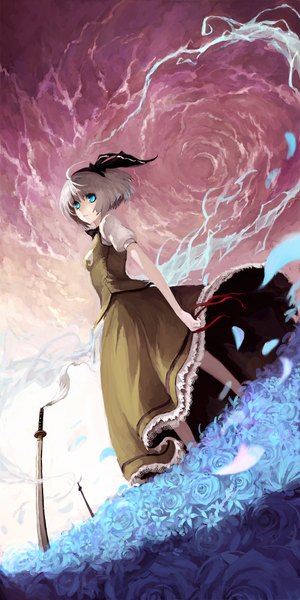 Anime picture 1000x2000 with touhou konpaku youmu myon fenrir (weir) single tall image looking at viewer short hair breasts holding sky cloud (clouds) aqua eyes from below bob cut skirt flower (flowers) ribbon (ribbons) weapon shirt