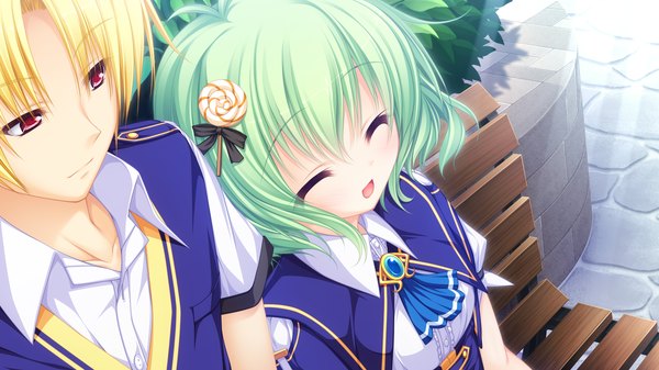 Anime picture 1920x1080 with justy nasty whirlpool (studio) kagami hibiki mikagami mamizu highres short hair open mouth blonde hair red eyes wide image game cg eyes closed green hair girl boy uniform hair ornament school uniform