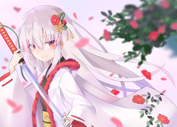 Anime picture 3444x2480 with original 100% single long hair blush fringe highres smile hair between eyes red eyes standing holding payot looking away absurdres silver hair upper body long sleeves traditional clothes japanese clothes