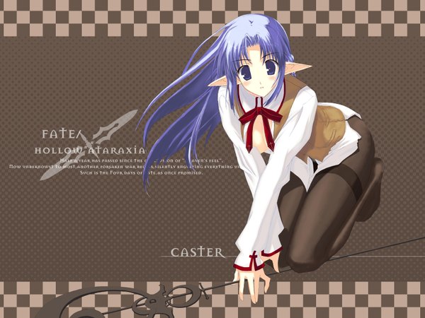 Anime picture 1600x1200 with fate (series) fate/stay night fate/hollow ataraxia studio deen type-moon caster single long hair looking at viewer purple eyes purple hair full body pointy ears inscription kneeling girl pantyhose