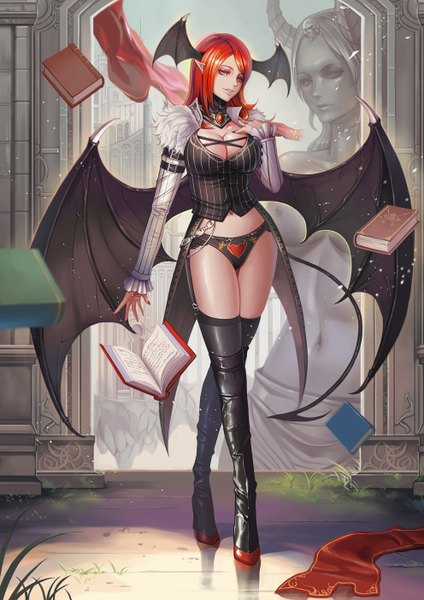 Anime picture 992x1404 with touhou koakuma dantewontdie single long hair tall image looking at viewer breasts light erotic red eyes cleavage red hair tail parted lips pointy ears demon girl demon tail head wings bat wings succubus