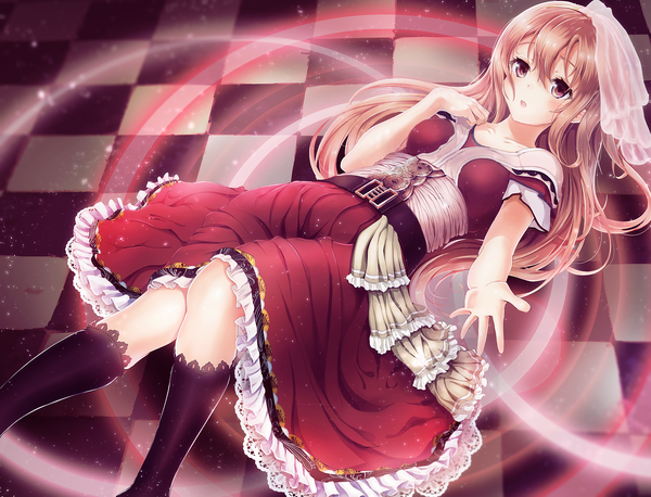 Anime picture 1600x1222 with original alc (ex2 lv) single long hair looking at viewer blush open mouth brown hair brown eyes checkered floor girl dress socks belt black socks