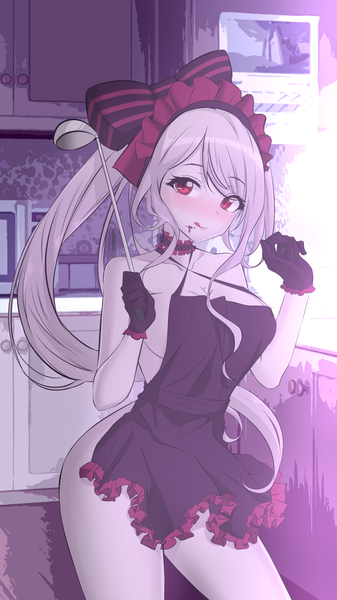 Anime picture 1440x2560 with overlord (maruyama) madhouse shalltear bloodfallen feint721 single long hair tall image looking at viewer blush breasts light erotic smile red eyes large breasts holding silver hair sideboob side ponytail striped :q