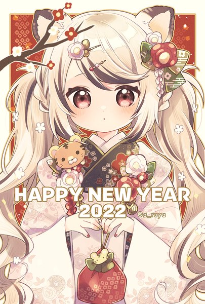 Anime picture 787x1165 with original aruya (flosrota) single long hair tall image blush red eyes twintails animal ears white hair nail polish traditional clothes japanese clothes multicolored hair :o loli streaked hair border new year outside border