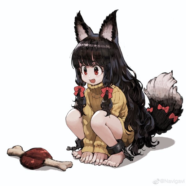 Anime picture 2953x2953 with original jun (seojh1029) single long hair fringe highres open mouth black hair simple background smile red eyes white background sitting animal ears looking away tail long sleeves animal tail barefoot fingernails