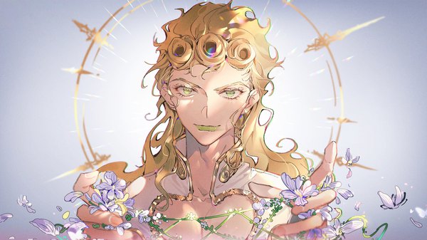 Anime picture 1918x1078 with jojo no kimyou na bouken giorno giovanna xingxing mei single long hair looking at viewer highres blonde hair wide image green eyes upper body lipstick green lipstick boy flower (flowers)