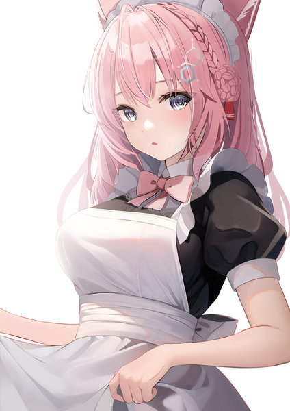 Anime picture 1447x2046 with virtual youtuber hololive hakui koyori touyou (39kir) single long hair tall image looking at viewer blush fringe blue eyes simple background hair between eyes white background animal ears pink hair upper body braid (braids) maid puffy sleeves