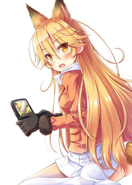 Anime picture 858x1200 with kemono friends ezo red fox (kemono friends) akashio (loli ace) single long hair tall image looking at viewer fringe open mouth light erotic blonde hair simple background hair between eyes white background sitting holding brown eyes animal ears ass tail