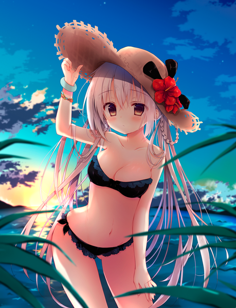 Anime picture 743x970 with original izumiyuhina single long hair tall image looking at viewer blush fringe breasts light erotic hair between eyes standing bare shoulders brown eyes payot sky silver hair cloud (clouds) outdoors blurry