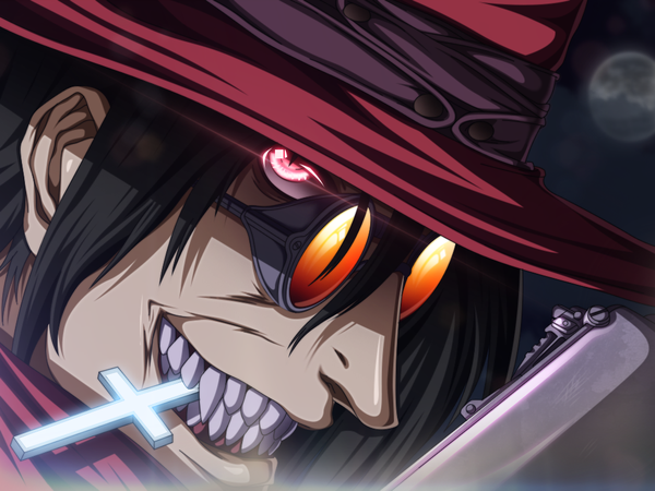 Anime-Bild 1024x768 mit hellsing alucard (hellsing) the-danstyle-art single long hair black hair smile holding cloud (clouds) pink eyes night night sky grin mouth hold coloring close-up face boy hat glasses