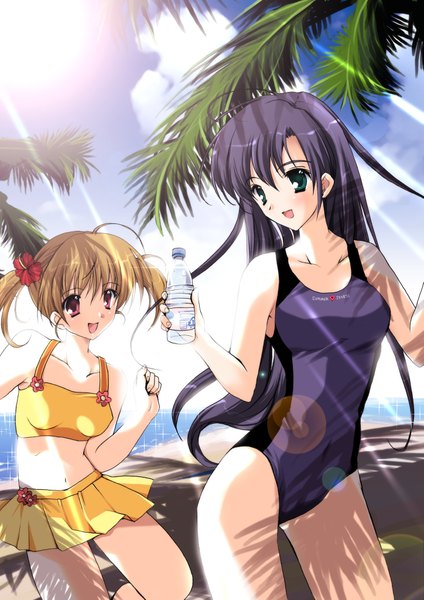 Anime picture 2894x4094 with maria-sama ga miteru studio deen fukuzawa yumi ogasawara sachiko long hair tall image highres open mouth blonde hair red eyes twintails multiple girls green eyes purple hair ahoge hair flower sunlight beach girl flower (flowers)