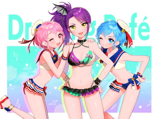 Anime picture 1600x1200 with puri para pretty (series) leona west dorothy west toudou shion o4ritarou long hair looking at viewer short hair open mouth blue eyes light erotic smile multiple girls yellow eyes blue hair pink hair purple hair :d pink eyes