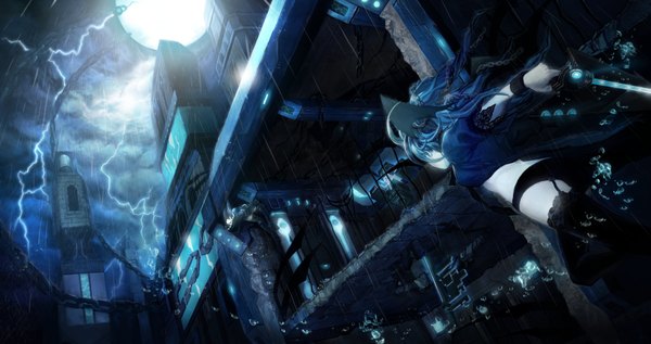 Anime picture 6800x3600 with s4 league ophelia (s4 league) lilith (s4 league) long hair highres wide image multiple girls blue hair absurdres sky night rain lightning girl thighhighs weapon 2 girls boots building (buildings) moon