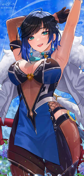 Anime-Bild 1666x3482 mit genshin impact yelan (genshin impact) renberry single tall image looking at viewer fringe short hair breasts light erotic black hair large breasts standing signed sky cloud (clouds) outdoors blunt bangs braid (braids) parted lips