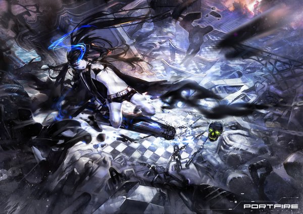 Anime picture 3000x2121 with black rock shooter black rock shooter (character) el-zheng single looking at viewer highres open mouth blue eyes black hair twintails very long hair inscription glowing glowing eye (eyes) pale skin checkered floor destruction explosion uneven twintails girl