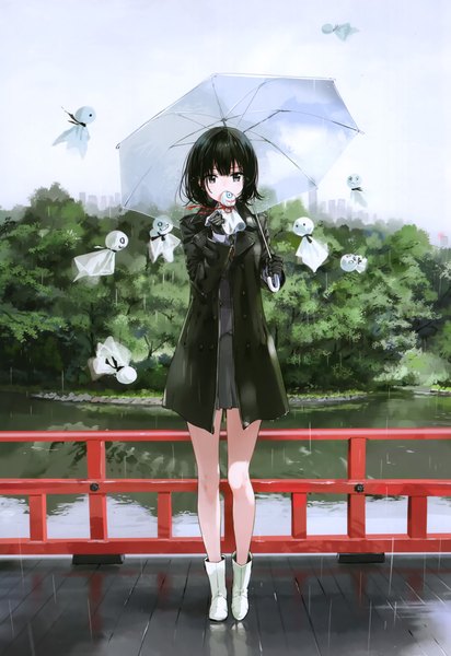 Anime picture 1664x2425 with original tiv single tall image looking at viewer fringe short hair black hair hair between eyes standing holding full body blunt bangs long sleeves black eyes scan bare legs reflection rain covered mouth