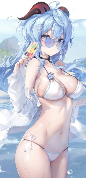 Anime picture 1941x4000 with genshin impact ganyu (genshin impact) daefny single long hair tall image looking at viewer blush fringe highres breasts light erotic hair between eyes red eyes large breasts standing holding blue hair cleavage ahoge