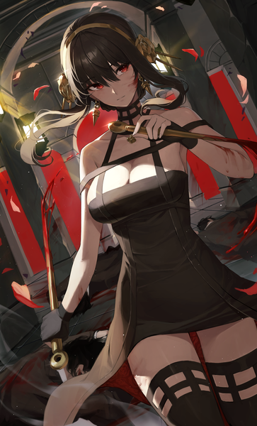 Anime picture 2600x4300 with spy x family yor briar netural long hair tall image fringe highres breasts light erotic black hair hair between eyes red eyes large breasts standing bare shoulders holding looking away cleavage indoors dutch angle