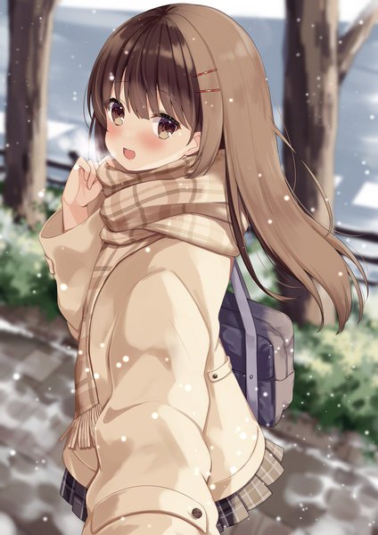 Anime picture 848x1199 with original okiq single long hair tall image looking at viewer blush open mouth brown hair brown eyes :d snowing exhalation girl scarf bobby pin school bag coat
