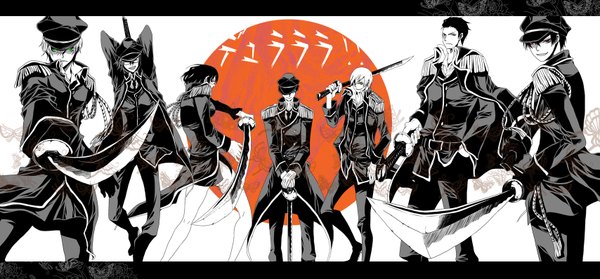 Anime picture 1707x795 with durarara!! brains base (studio) orihara izaya heiwajima shizuo sonohara anri kida masaomi ryuugamine mikado kishitani shinra kadota kyohei highres wide image monochrome military uniform weapon hat sword glasses katana sunglasses