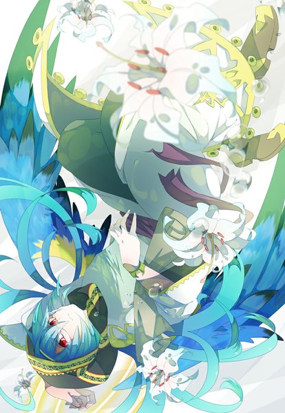 Anime picture 794x1150 with puzzle & dragons archangel gabriel (p&d) ebony nightmare single long hair tall image red eyes blue hair upside down girl dress flower (flowers) hat wings