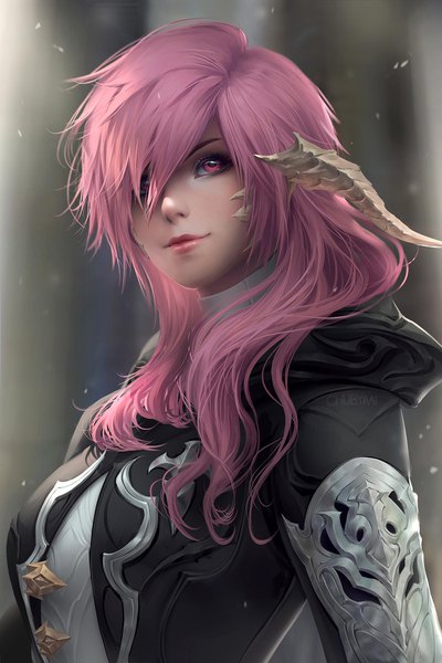 Anime picture 1200x1800 with final fantasy final fantasy xiv square enix au ra chubymi single long hair tall image looking at viewer blush fringe breasts signed pink hair upper body pink eyes horn (horns) light smile lips hair over one eye