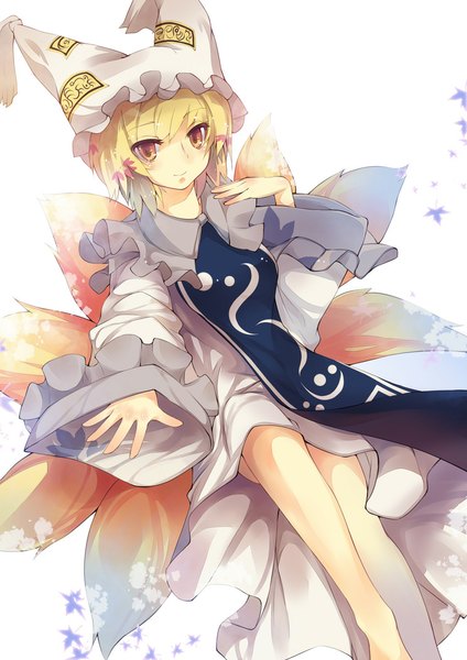 Anime picture 744x1052 with touhou yakumo ran rain lan single tall image looking at viewer blush short hair blonde hair simple background smile white background yellow eyes tail animal tail fox tail multiple tails girl bonnet