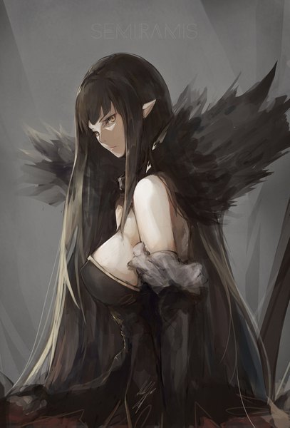 Anime-Bild 1081x1591 mit fate (series) fate/apocrypha semiramis (fate) marumoru single tall image looking at viewer fringe breasts light erotic black hair large breasts brown eyes signed payot upper body very long hair looking back pointy ears grey background