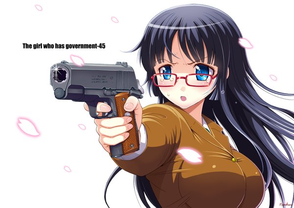 Anime picture 2171x1535 with original number10 (hagakure) single long hair looking at viewer highres open mouth blue eyes black hair white background girl weapon petals glasses gun