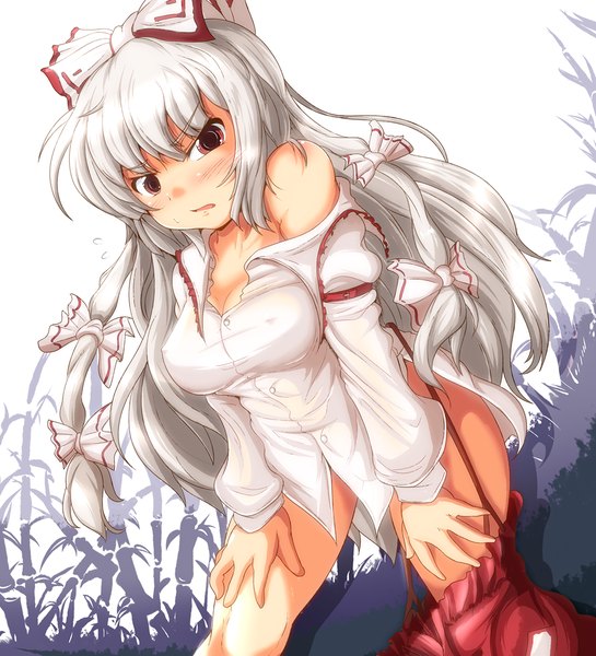 Anime picture 1000x1100 with touhou fujiwara no mokou yoriyuki chiyo single long hair tall image blush light erotic red eyes white hair girl bow ribbon (ribbons) hair bow hair ribbon shirt