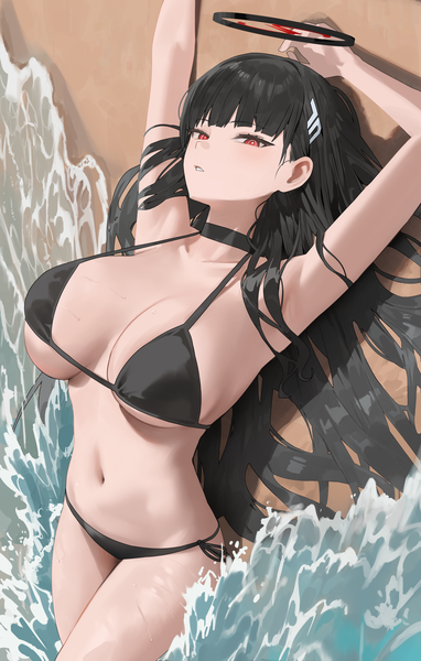 Anime picture 1210x1900 with blue archive rio (blue archive) hood (james x) single long hair tall image looking at viewer fringe breasts light erotic black hair red eyes outdoors lying blunt bangs parted lips arms up armpit (armpits) wet on back