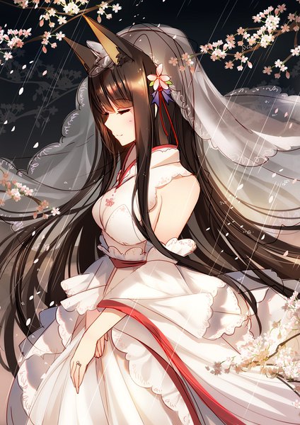 Anime picture 800x1131 with warship girls r akagi (warship girls r) bison cangshu single long hair tall image blush fringe brown hair animal ears cleavage eyes closed traditional clothes japanese clothes profile cherry blossoms rain girl dress hair ornament