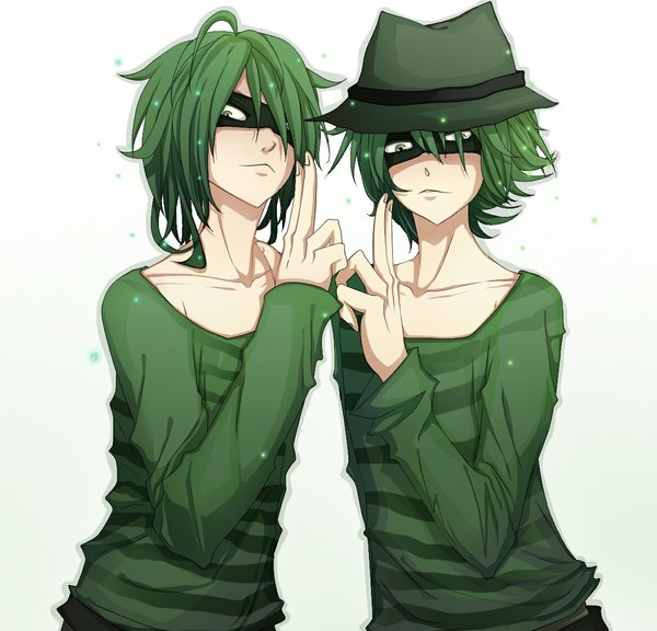 Anime picture 1184x1137 with happy tree friends shifty lifty short hair simple background white background green eyes ahoge green hair multiple boys twins personification boy hat 2 boys mask