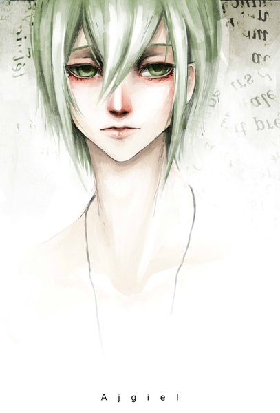 Anime picture 1337x1968 with original ajgiel single tall image short hair simple background green eyes signed green hair boy pendant