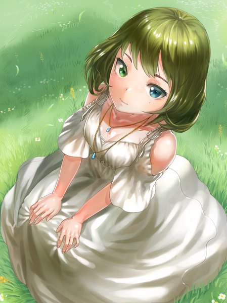 Anime picture 776x1037 with idolmaster idolmaster cinderella girls takagaki kaede kfr single tall image looking at viewer fringe short hair blue eyes smile sitting bare shoulders green eyes green hair from above sunlight mole mole under eye heterochromia