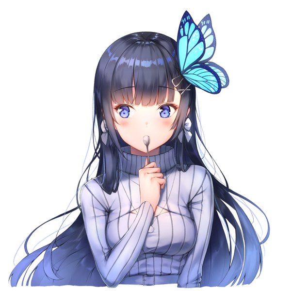 Anime picture 1600x1600 with virtual youtuber indie virtual youtuber aoi nabi ijac ray single long hair blush fringe black hair simple background white background purple eyes looking away upper body blunt bangs girl hair ornament earrings hairclip pendant
