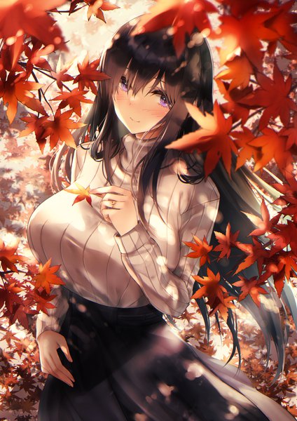 Anime picture 1767x2500 with alice gear aegis kagome misaki puru (ex-150) single long hair tall image looking at viewer blush fringe highres breasts black hair smile hair between eyes large breasts standing purple eyes holding outdoors long sleeves