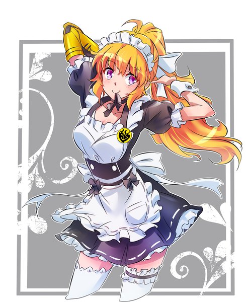 Anime picture 1624x1976 with rwby rooster teeth yang xiao long iesupa single long hair tall image simple background blonde hair smile purple eyes holding looking away arms up maid alternate costume mouth hold alternate hairstyle outline ribbon in mouth